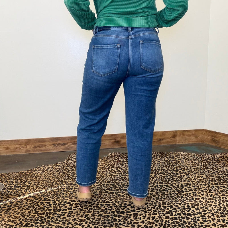 Dark Wash Mid Rise Ankle Boyfriend Turn Cuffed Risen Jeans - Country Lace Boutique