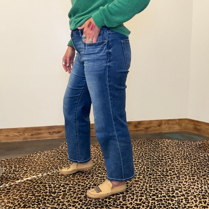 Dark Wash Mid Rise Ankle Boyfriend Turn Cuffed Risen Jeans - Country Lace Boutique