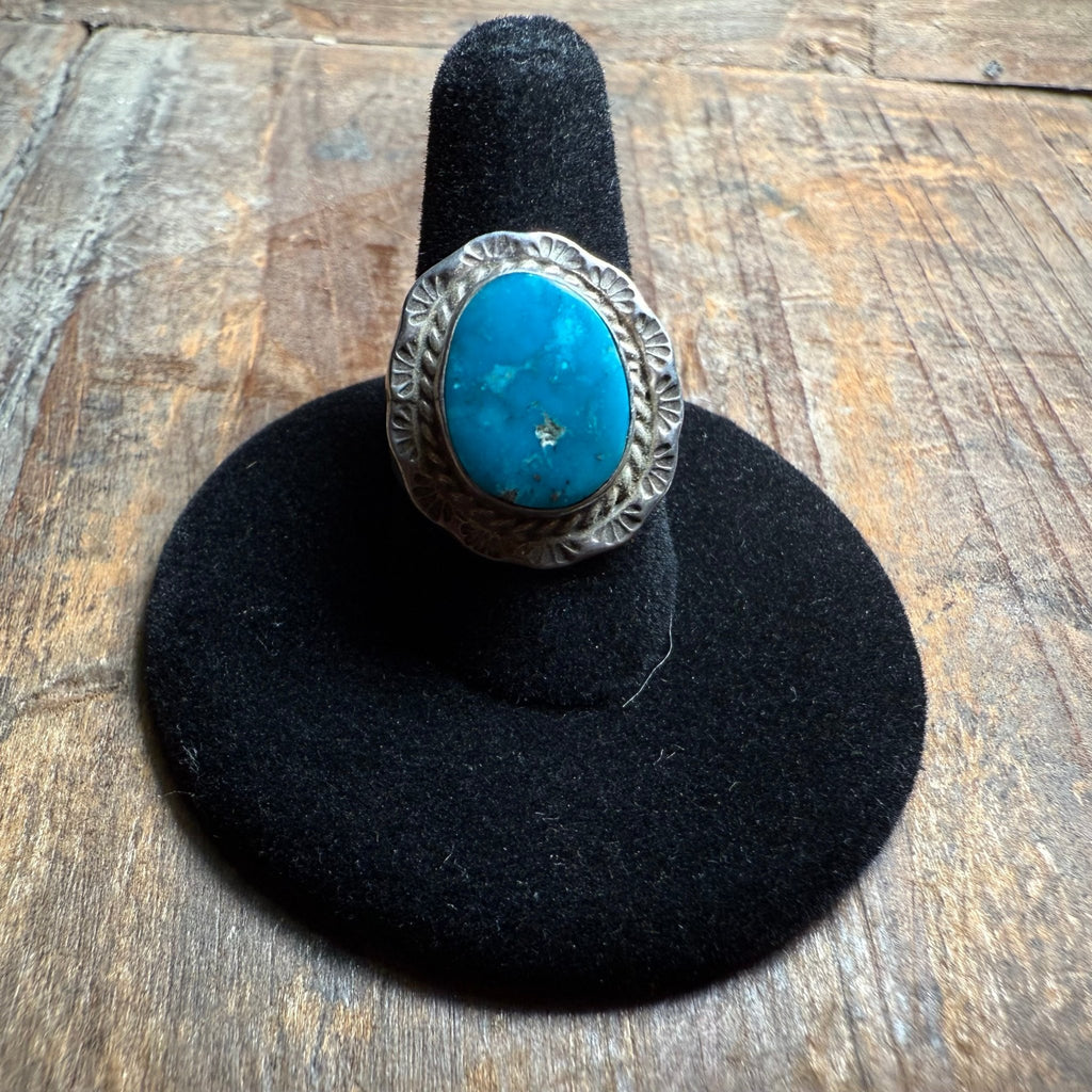 Deep Turquoise Raised Pretty Stamped Sterling Silver Ring size 5 - Country Lace Boutique