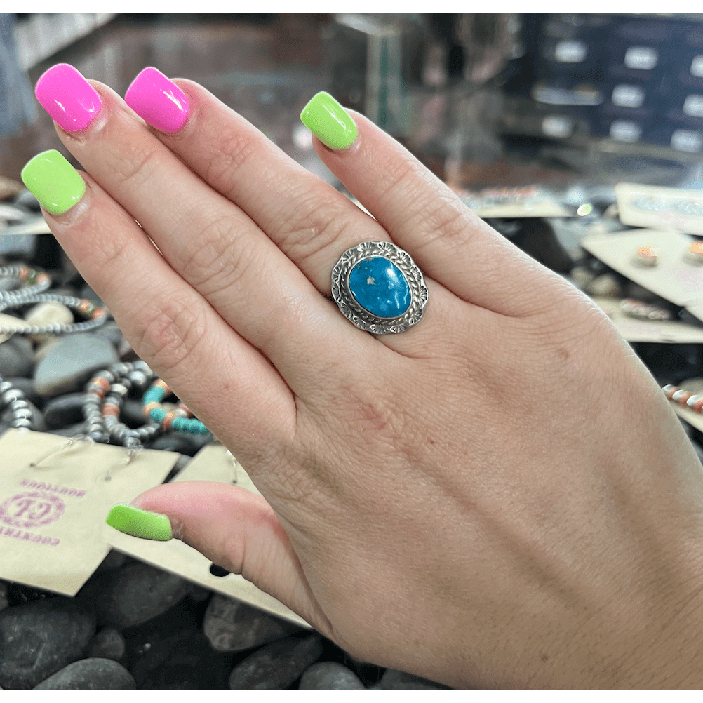Deep Turquoise Raised Pretty Stamped Sterling Silver Ring size 5 - Country Lace Boutique