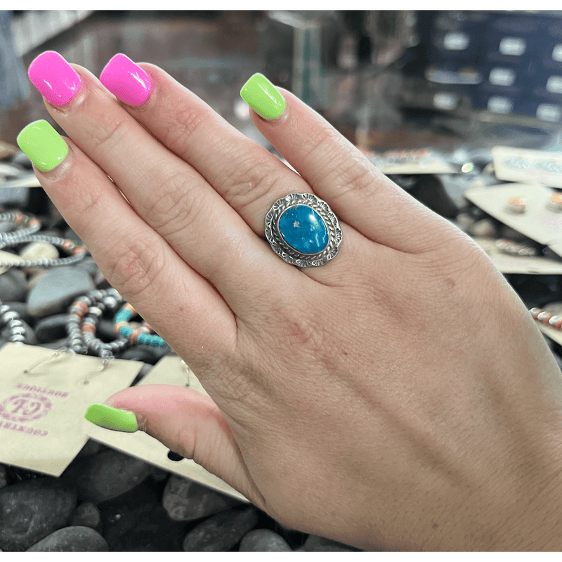 Deep Turquoise Raised Pretty Stamped Sterling Silver Ring size 5 - Country Lace Boutique