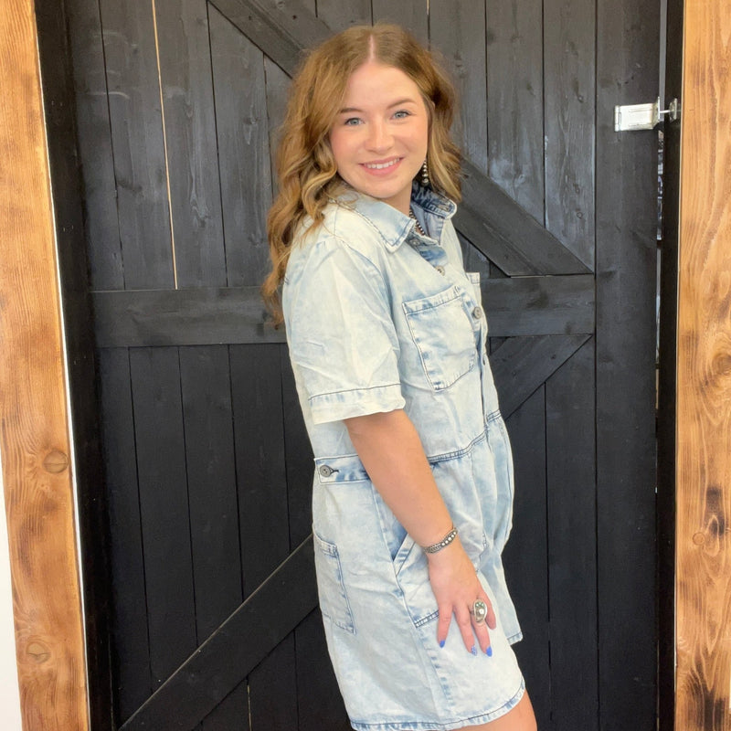 Denim Button Romper - Country Lace Boutique