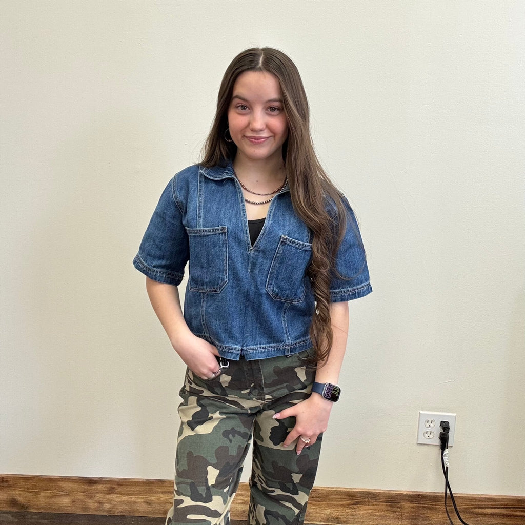 Denim crop w Zipper - Country Lace Boutique