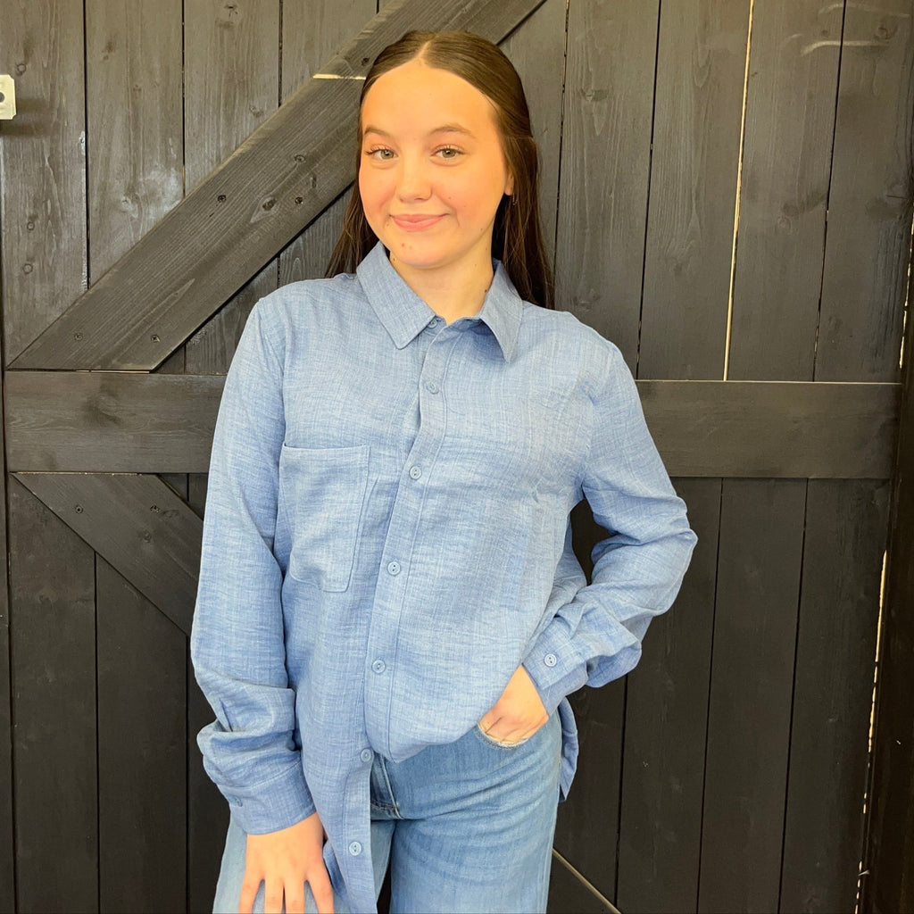 Denim Long Sleeve with Front Pocket Top - Country Lace Boutique