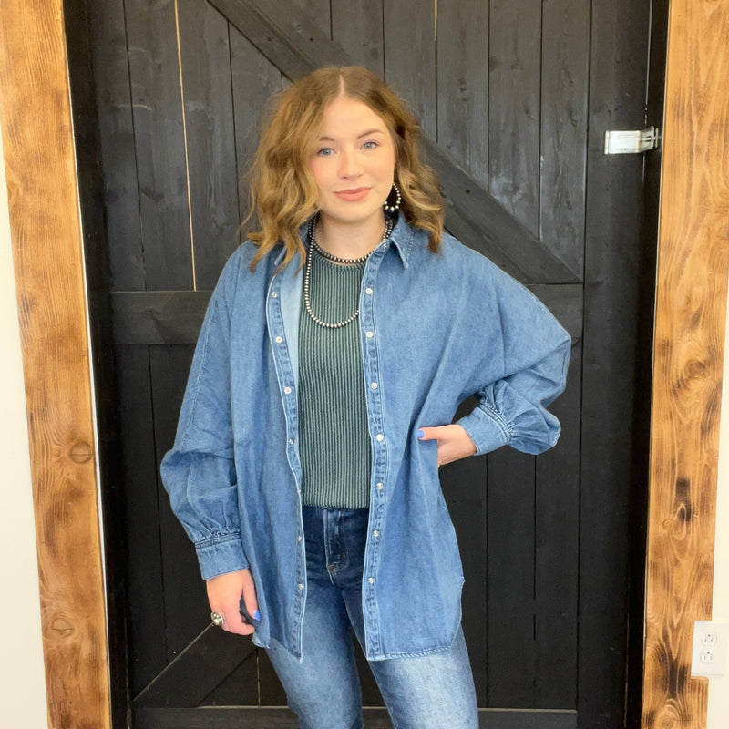 Denim Pearl Snap Button Down Risen Top - Country Lace Boutique
