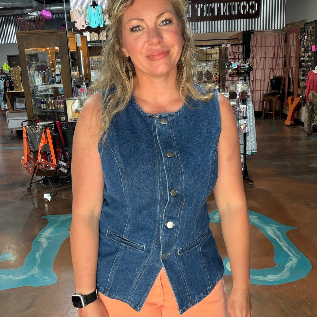 Denim Sleeveless Button Down Top - Country Lace Boutique