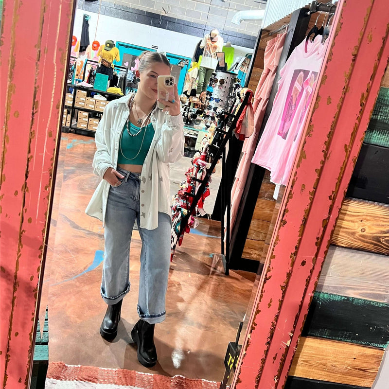 Denim Star Button Down Shirt/ Cardigan Top - Country Lace Boutique