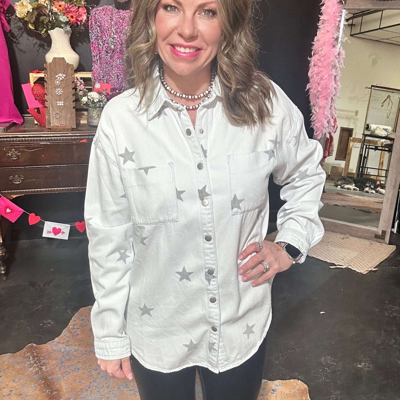 Denim Star Button Down Shirt/ Cardigan Top - Country Lace Boutique