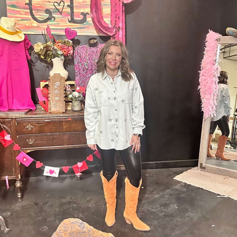 Denim Star Button Down Shirt/ Cardigan Top - Country Lace Boutique