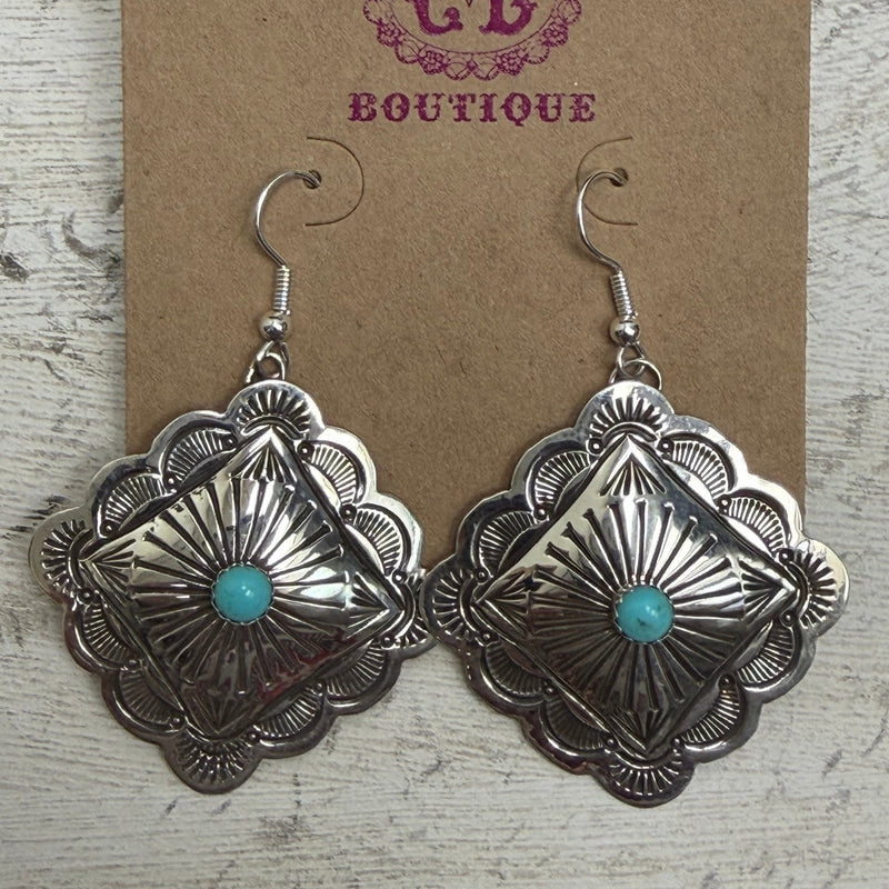 Detailed Concho Turquoise French Hook Sterling Silver Earring - Country Lace Boutique