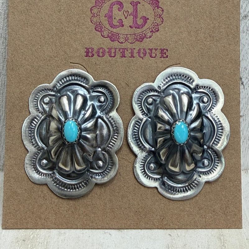 Detailed Concho Turquoise Post Stud Sterling Silver Earring - Country Lace Boutique