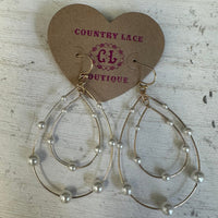 Double Gold Tear Drop with Pearls French Hook Fashion Earrings - Country Lace Boutique