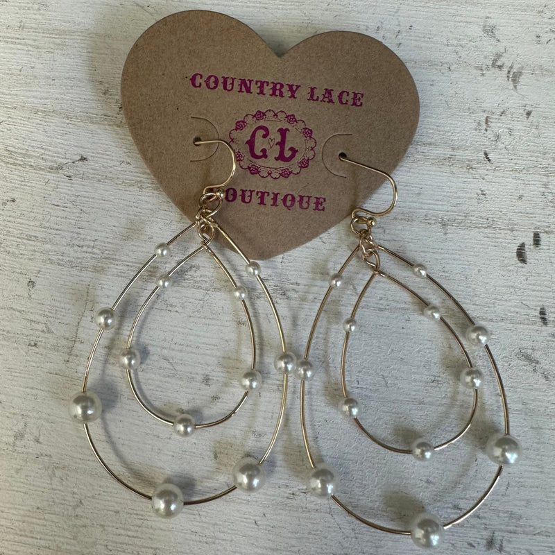 Double Gold Tear Drop with Pearls French Hook Fashion Earrings - Country Lace Boutique