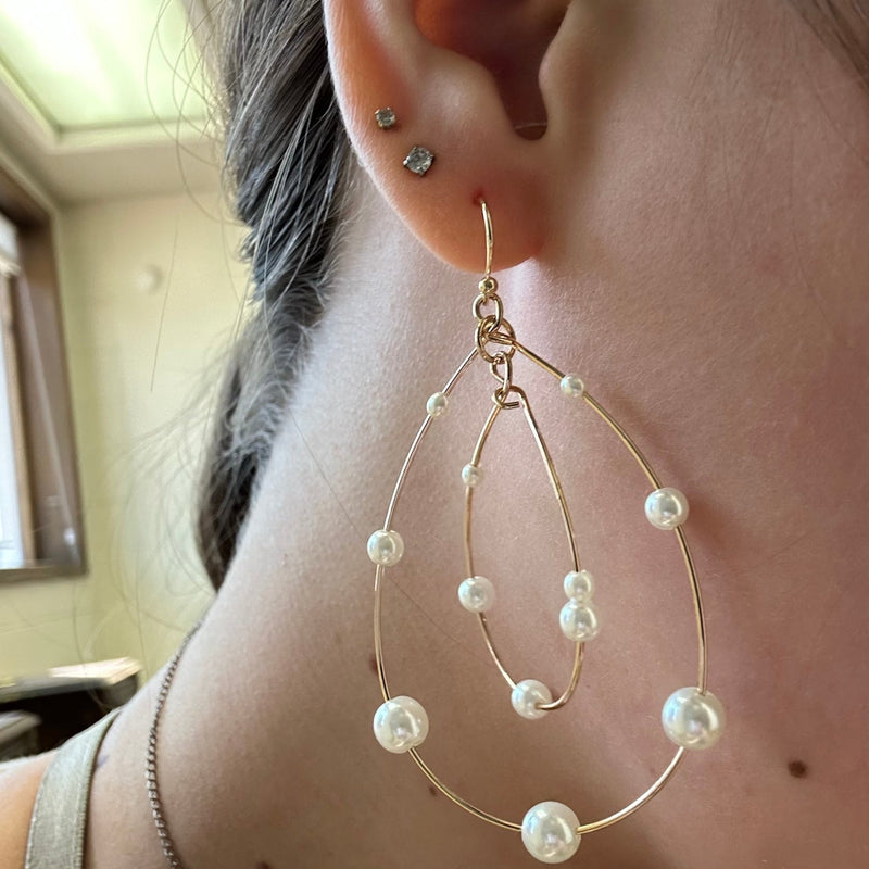 Double Gold Tear Drop with Pearls French Hook Fashion Earrings - Country Lace Boutique