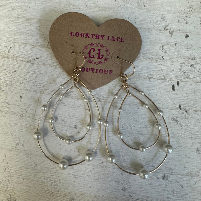 Double Gold Tear Drop with Pearls French Hook Fashion Earrings - Country Lace Boutique