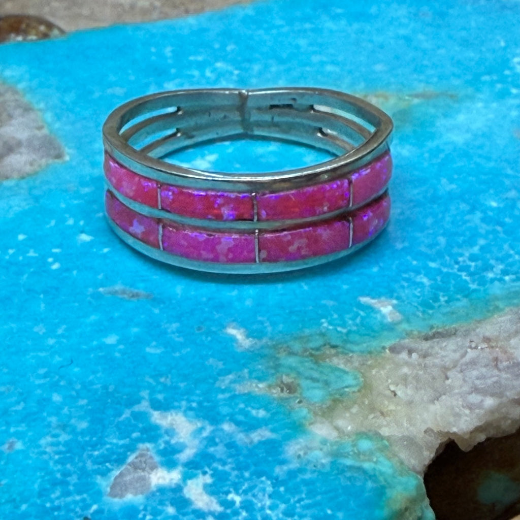 Double Row Hot Pink Opal Inlay Sterling Silver Ring size 7 - Country Lace Boutique