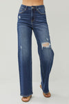 RISEN Dark High Rise Distressed Wide Leg Jeans