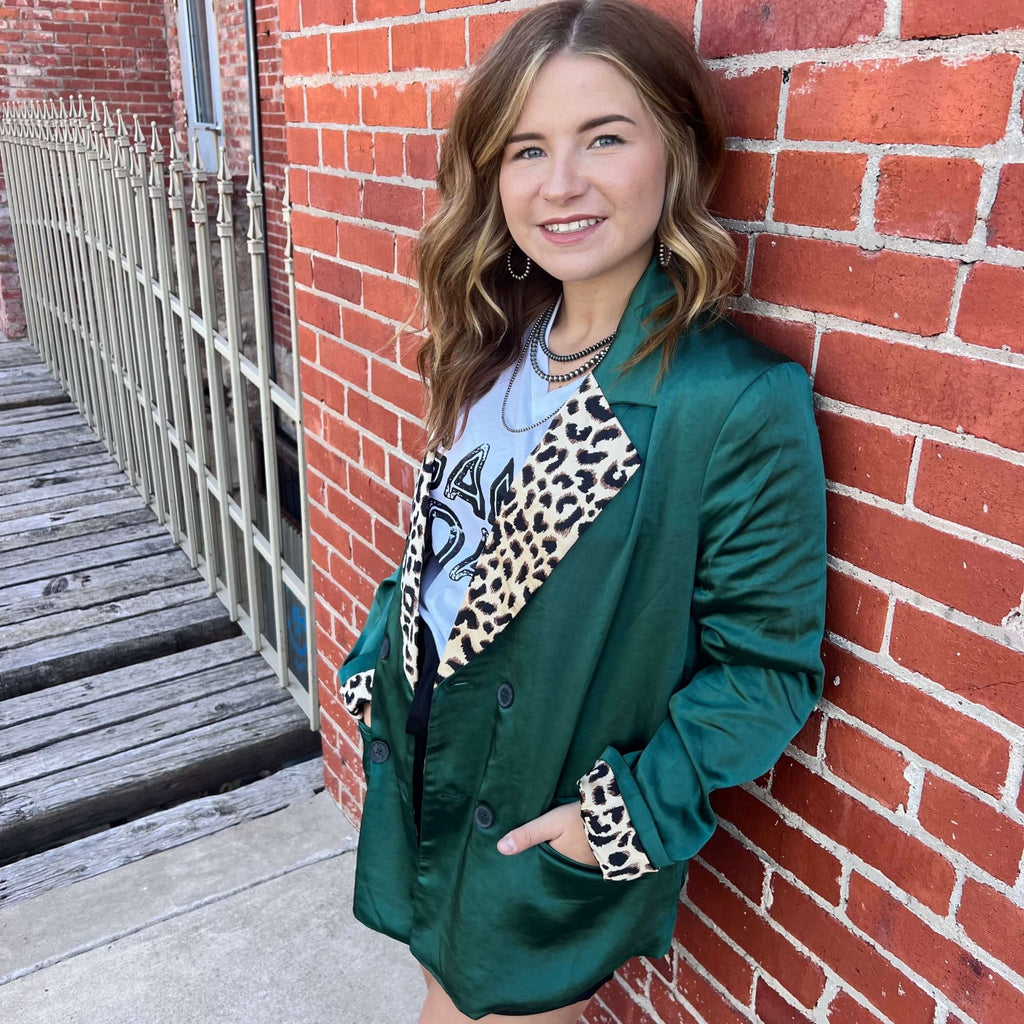 Emerald Green and Animal Print Blazer - Country Lace Boutique