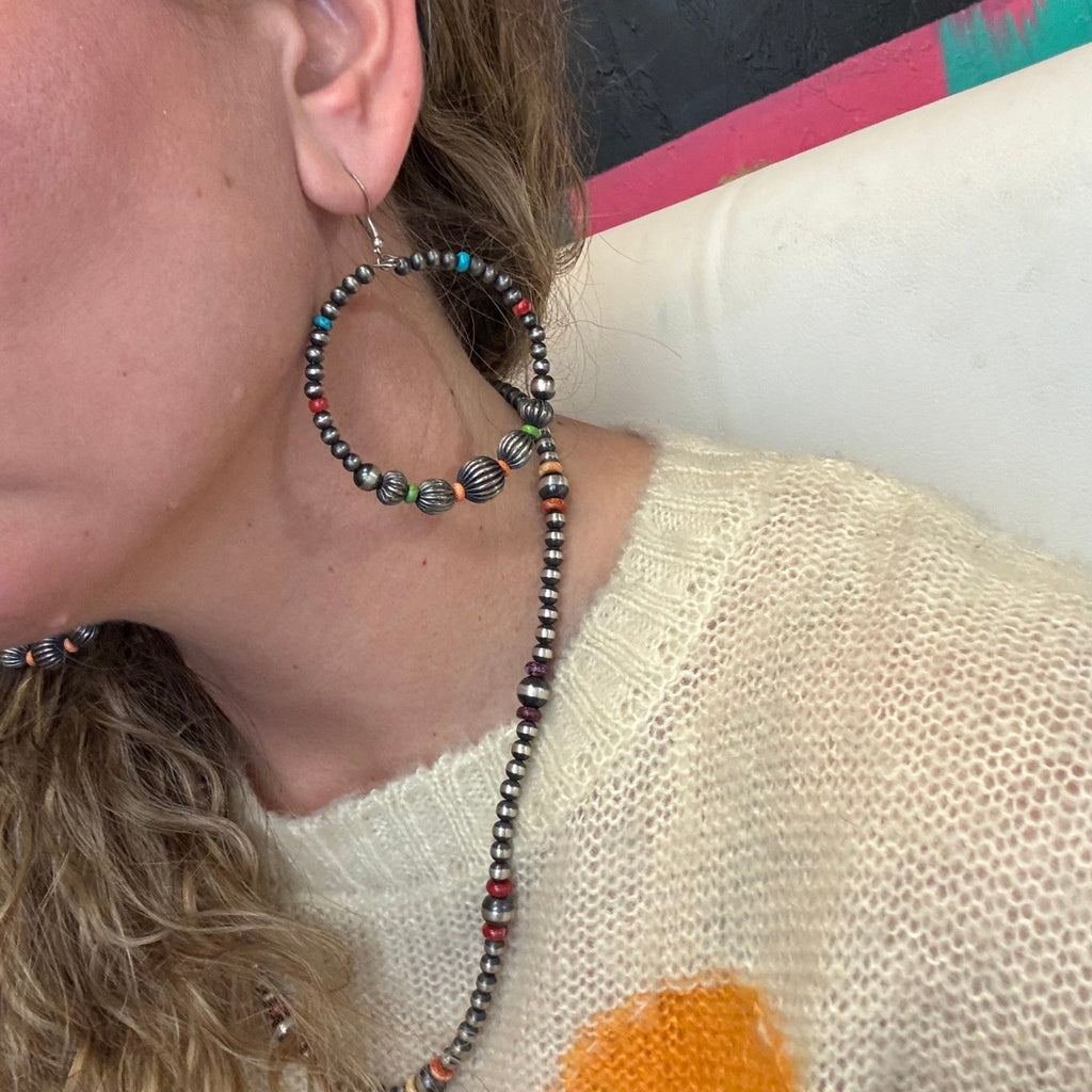 Fancy Pearl Multistone Round Hoop Navajo Sterling Silver Earring