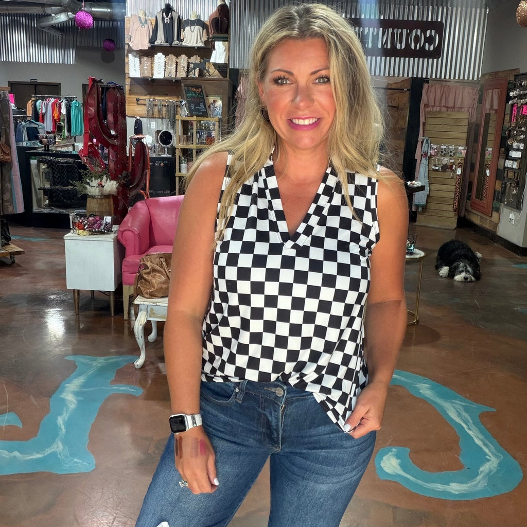 Fast Lane Black & White Checkered Tank Top - Country Lace Boutique