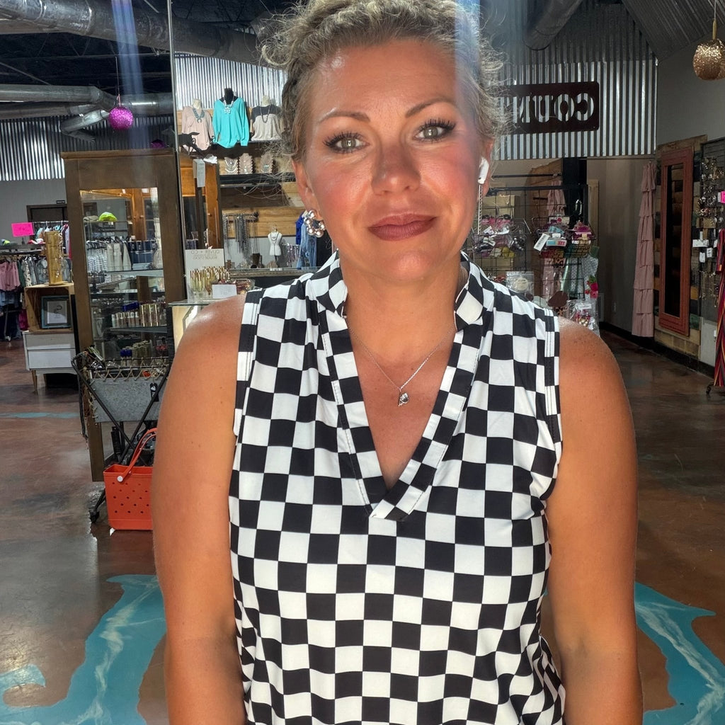 Fast Lane Black & White Checkered Tank Top - Country Lace Boutique