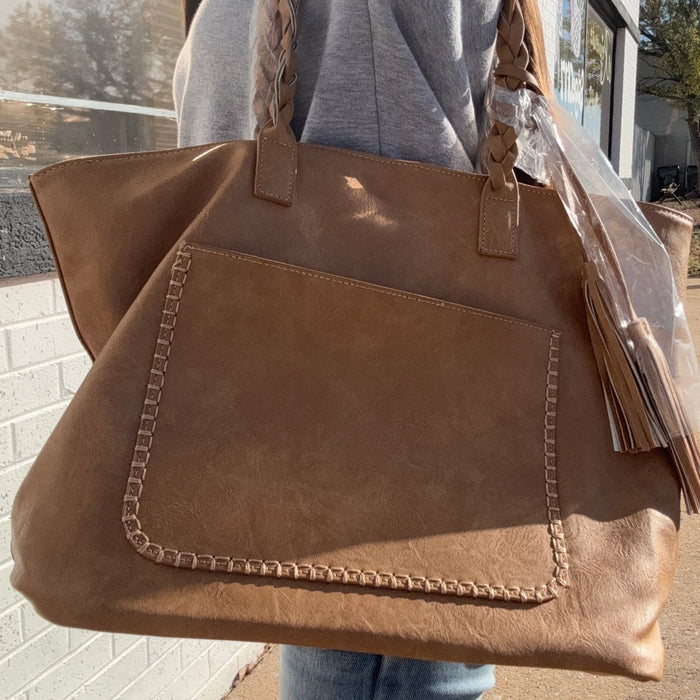 "Faux" Tan Leather with Braided Strap Purse w/ Wallet - Country Lace Boutique