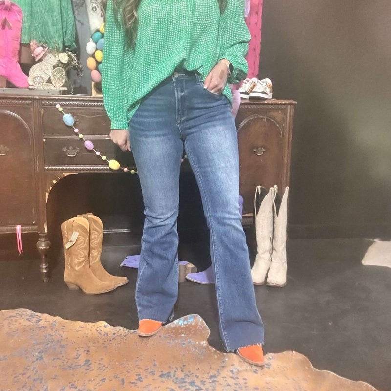 Flare Stonewash Denim Fray Bottom Risen Jeans - Country Lace Boutique
