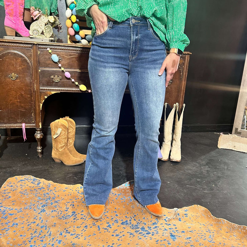 Flare Stonewash Denim Fray Bottom Risen Jeans - Country Lace Boutique