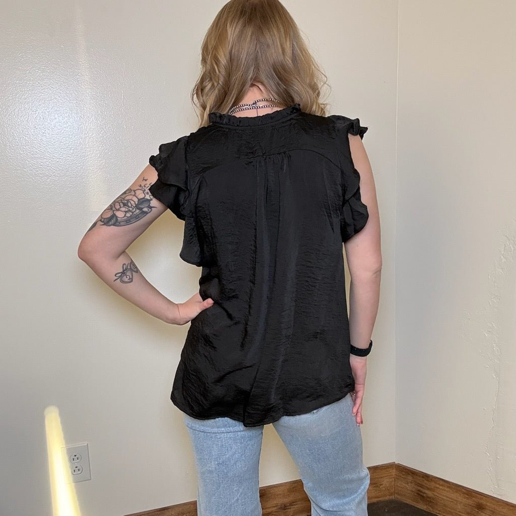 Flowy Black Silky Ruffle Short Sleeve Top - Country Lace Boutique