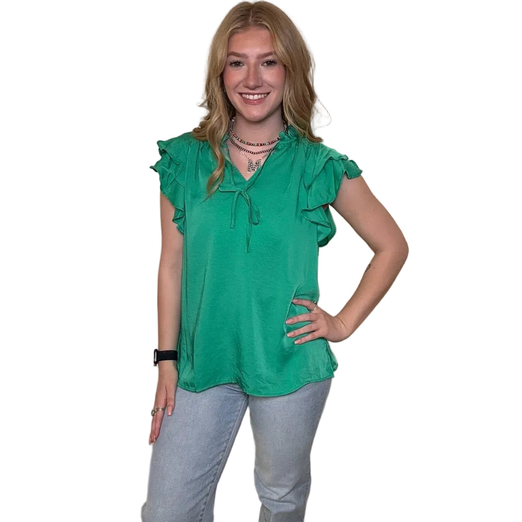 Flowy Green Silky Ruffle Short Sleeve Top - Country Lace Boutique