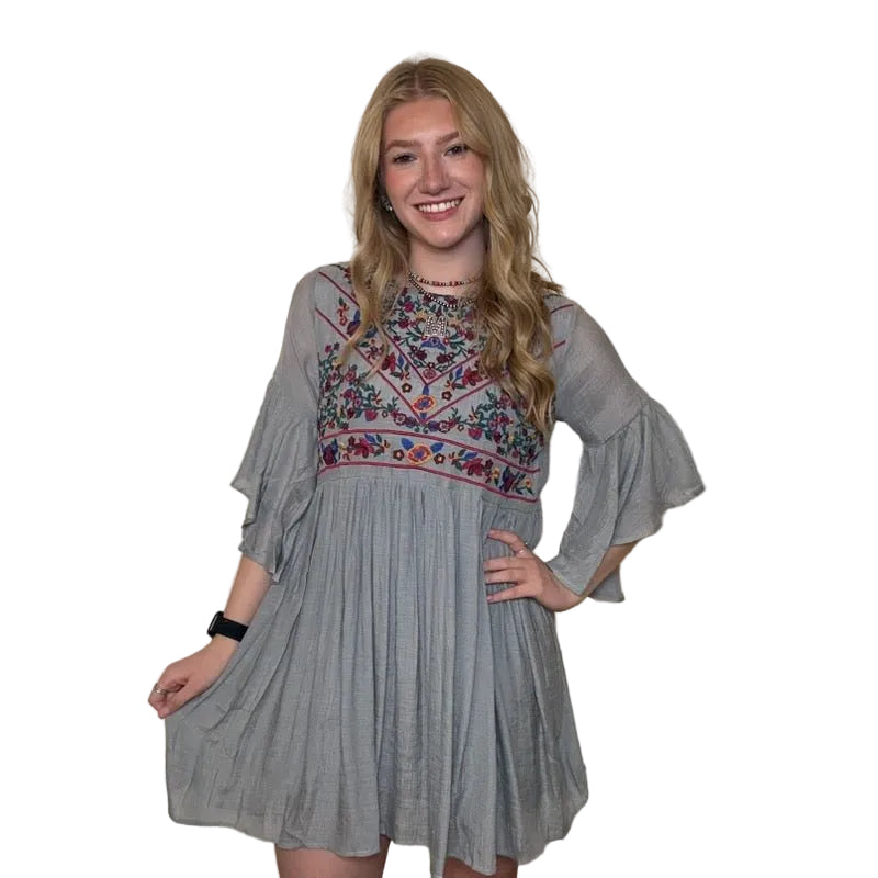 Flowy Grey Short Sleeve Floral Embroidered Short Dress Country Lace Boutique Flowy Grey Short Sleeve Floral Embroidered Short Dress Country Lace Boutique