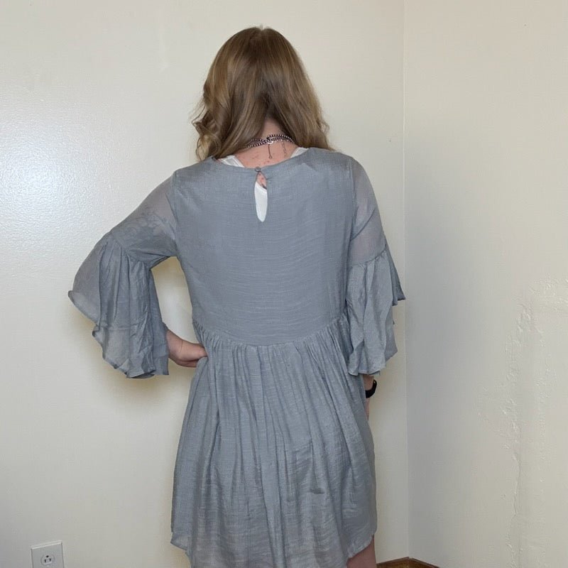 Flowy Grey Short Sleeve Floral Embroidered Short Dress - Country Lace Boutique