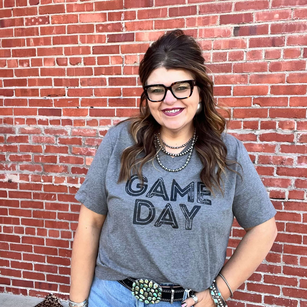 Game Day Deep Heather Grey with Black V Neck T-shirt | XS - Country Lace Boutique