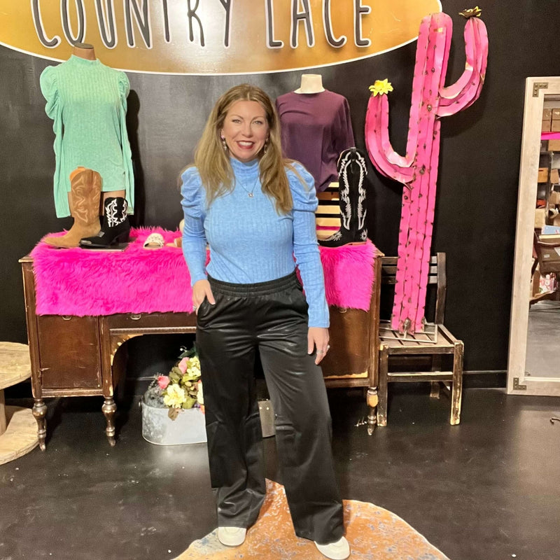 Glossy Leather Look Wide Leg Flare Pants Black Mono B - Country Lace Boutique