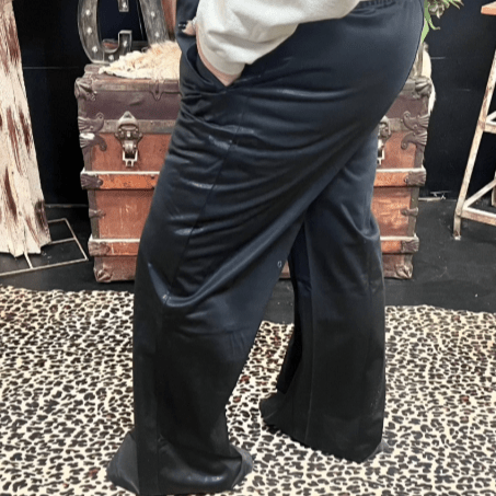 Glossy Leather Look Wide Leg Flare Pants Black Mono B - Country Lace Boutique