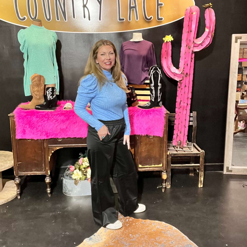 Glossy Leather Look Wide Leg Flare Pants Black Mono B - Country Lace Boutique