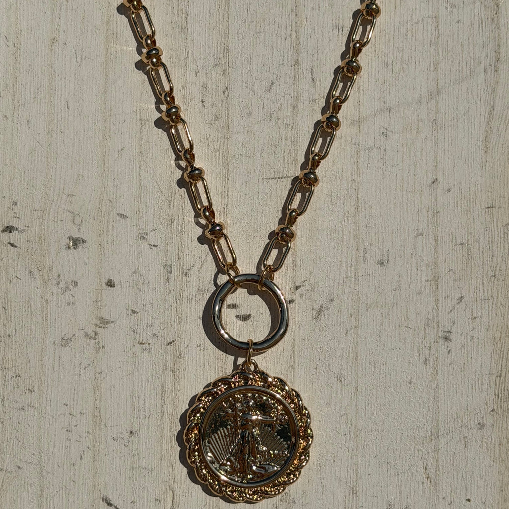 Gold Link Chain w/ Gold Coin Fashion Necklace - Country Lace Boutique