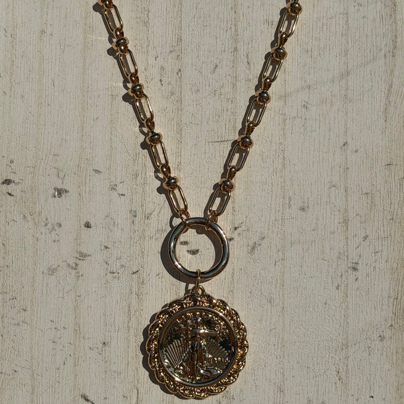 Gold Link Chain w/ Gold Coin Fashion Necklace - Country Lace Boutique
