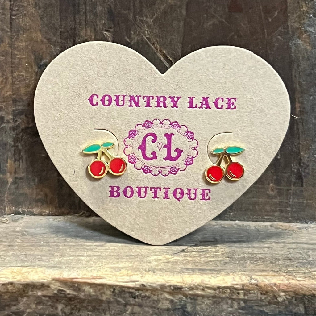Gold Red Cherry Post Stud Fashion Earrings - Country Lace Boutique