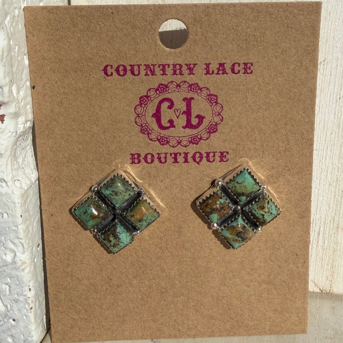 Gorgeous 4 Stone Turquoise Square Post Stud Sterling Silver Earring - Country Lace Boutique
