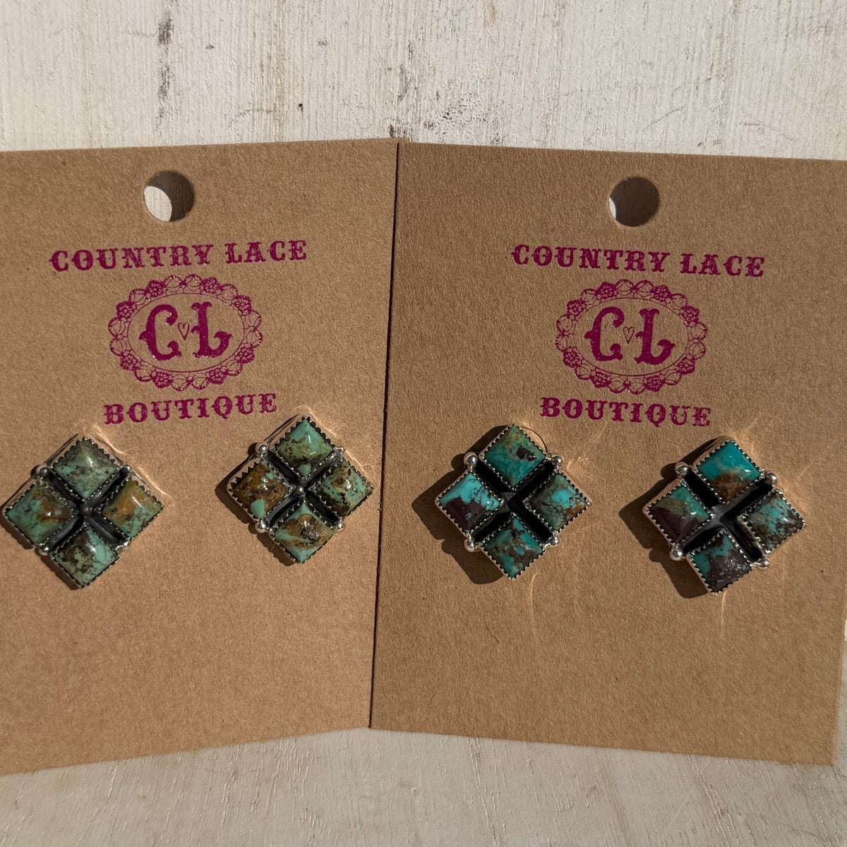 Gorgeous 4 Stone Turquoise Square Post Stud Sterling Silver Earring - Country Lace Boutique