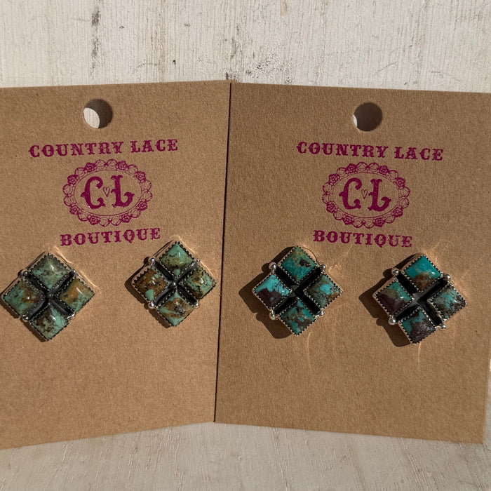 Gorgeous 4 Stone Turquoise Square Post Stud Sterling Silver Earring - Country Lace Boutique
