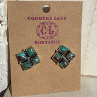 Gorgeous 4 Stone Turquoise Square Post Stud Sterling Silver Earring - Country Lace Boutique