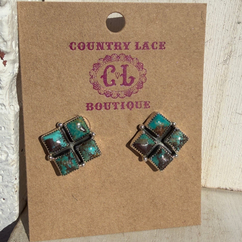 Gorgeous 4 Stone Turquoise Square Post Stud Sterling Silver Earring - Country Lace Boutique