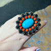 Gorgeous Black Onyx Red Spiny & Turquoise Statement Adjustable Sterling Silver Ring - Country Lace Boutique
