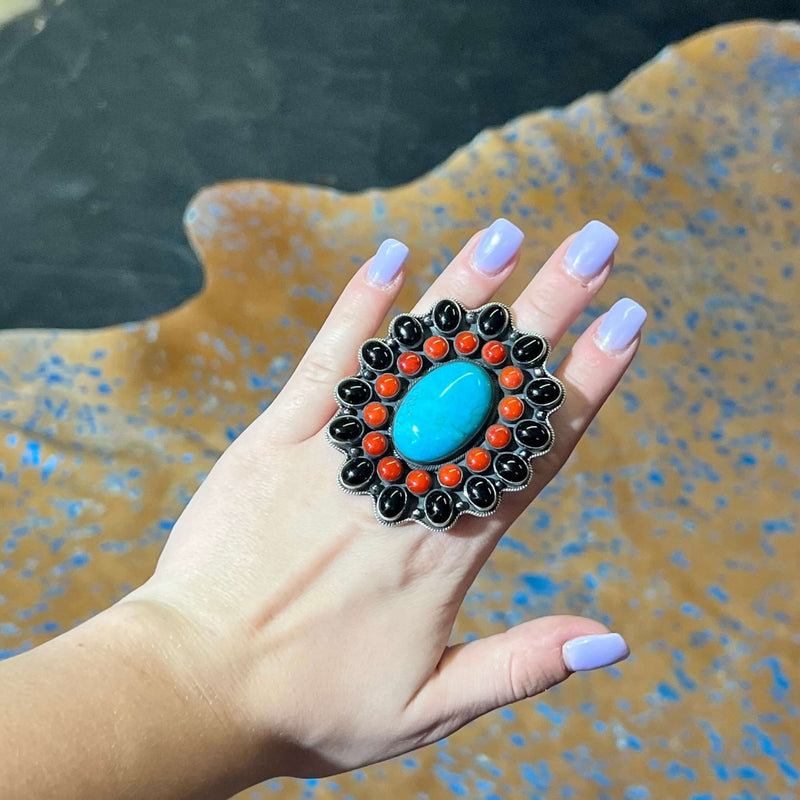 Gorgeous Black Onyx Red Spiny & Turquoise Statement Adjustable Sterling Silver Ring - Country Lace Boutique