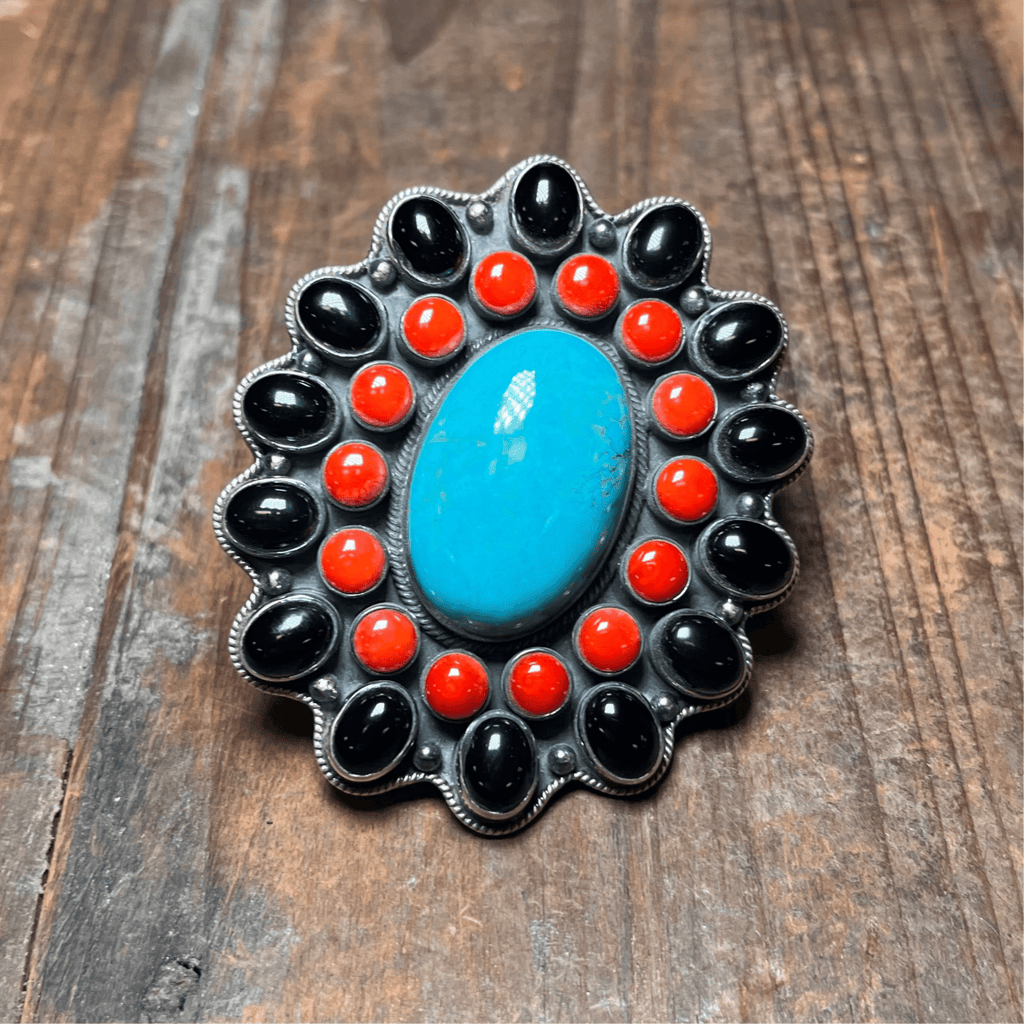 Gorgeous Black Onyx Red Spiny & Turquoise Statement Adjustable Sterling Silver Ring - Country Lace Boutique