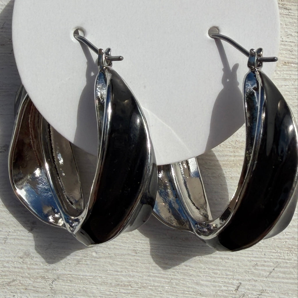 Gorgeous Black & Silver Twisted Hoop Fashion Earrings - Country Lace Boutique