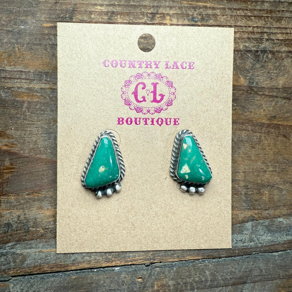 Gorgeous Green Kingman Turquoise with Rope & Ball Detail Post Sterling Silver Earring - Country Lace Boutique
