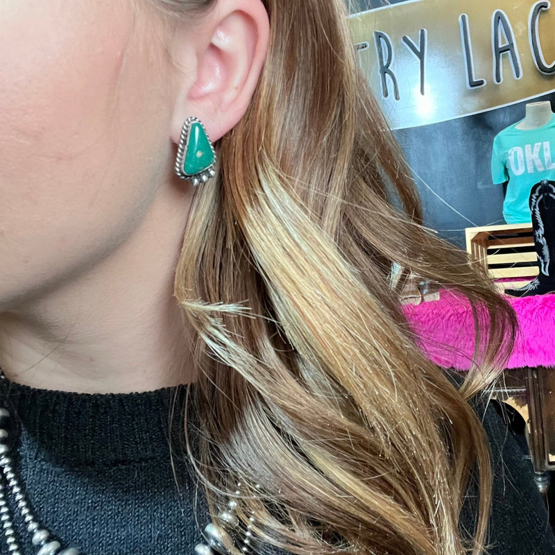 Gorgeous Green Kingman Turquoise with Rope & Ball Detail Post Sterling Silver Earring - Country Lace Boutique